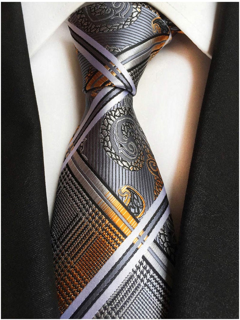 Elfeves Men's Grey Gold Orange Ties Silk Luxury Unique Designer Cool Self Dress Neckties - Image 3
